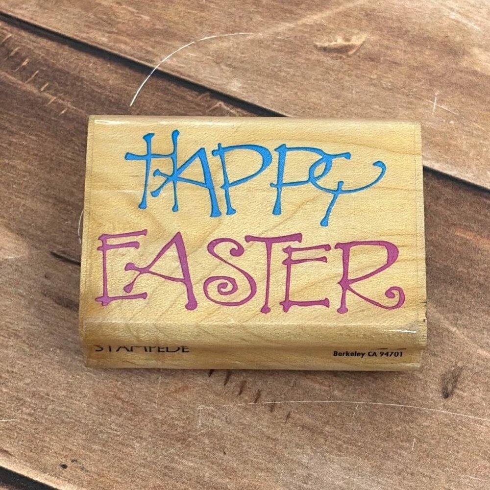 RUBBER STAMPEDE A2101D WHIMSICAL HAPPY EASTER WOOD MOUNTED RUBBER STAMP